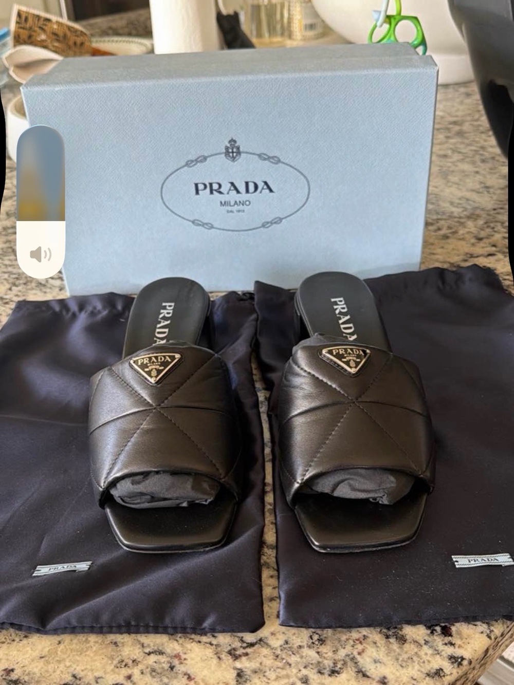 Prada Black Quilted Leather Slide Mules with Triangle Logo